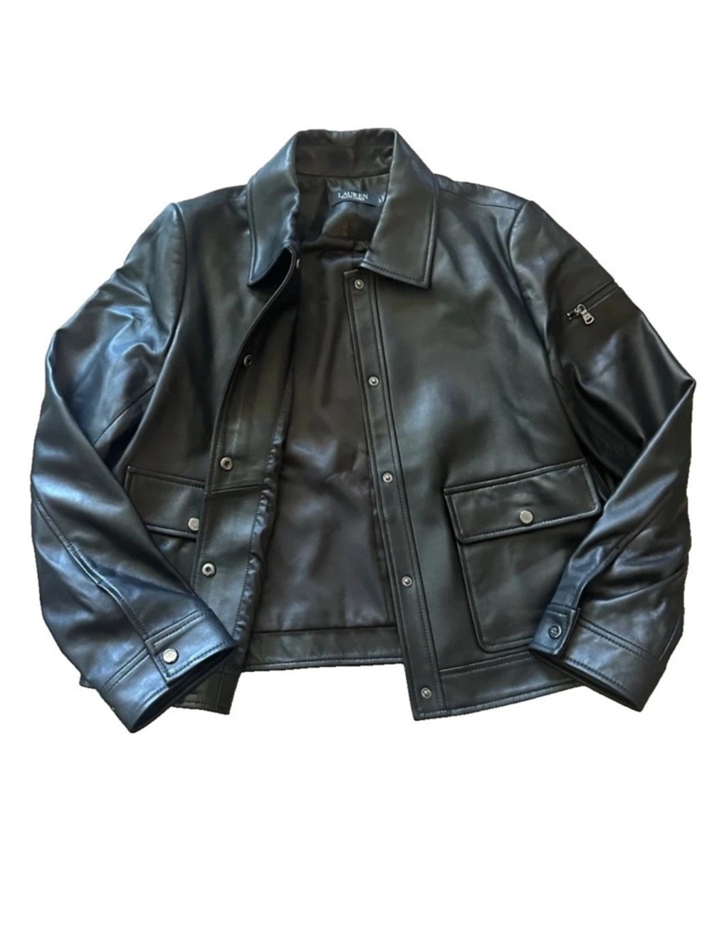 Lauren Ralph Lauren Lamb Leather Jacket Snap Front Womens L Black - NWT $500